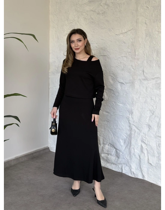 Modal kumaş crop üstlü ikili elbise siyah