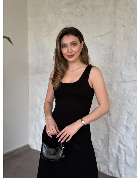 Modal kumaş crop üstlü ikili elbise siyah