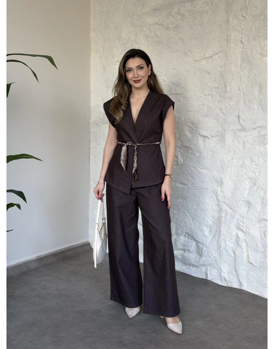 Belinden saten kuşaklı dekolte takım