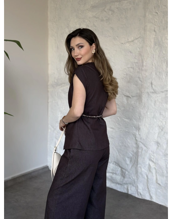 Belinden saten kuşaklı dekolte takım