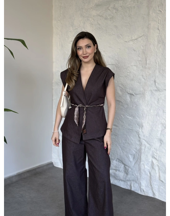 Belinden saten kuşaklı dekolte takım