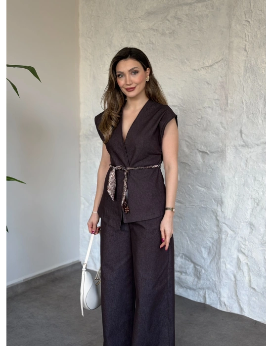 Belinden saten kuşaklı dekolte takım