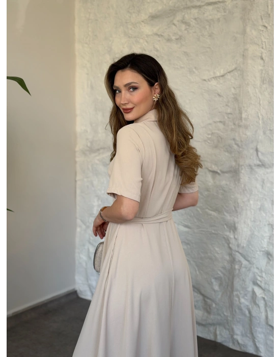 Önden fermuarlı belinden kuşaklı midi elbise krem