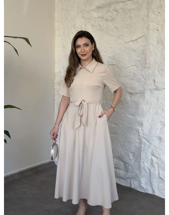Önden fermuarlı belinden kuşaklı midi elbise krem