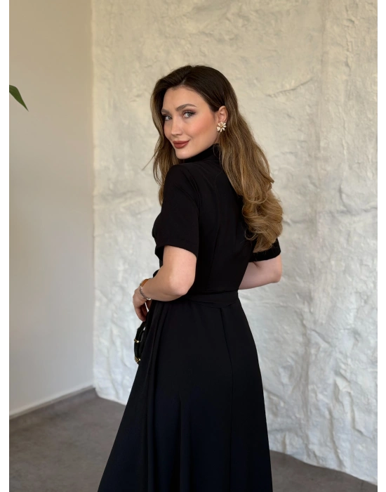 Önden fermuarlı belinden kuşaklı midi elbise siyah