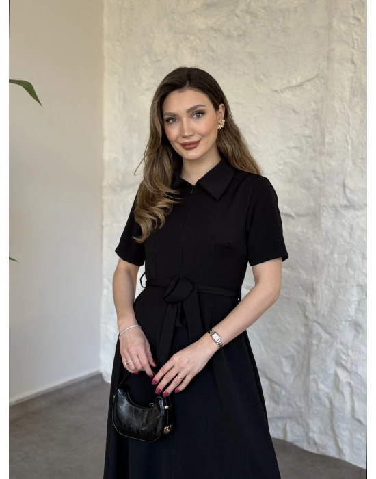 Önden fermuarlı belinden kuşaklı midi elbise siyah