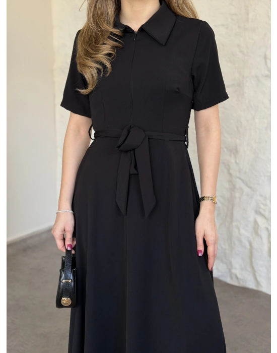 Önden fermuarlı belinden kuşaklı midi elbise siyah