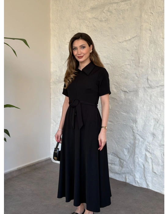 Önden fermuarlı belinden kuşaklı midi elbise siyah