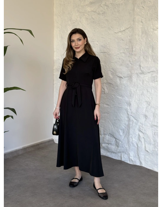 Önden fermuarlı belinden kuşaklı midi elbise siyah