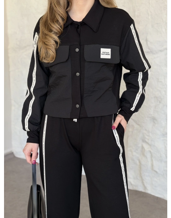 Şerit paraşüt detaylı vintage takım siyah