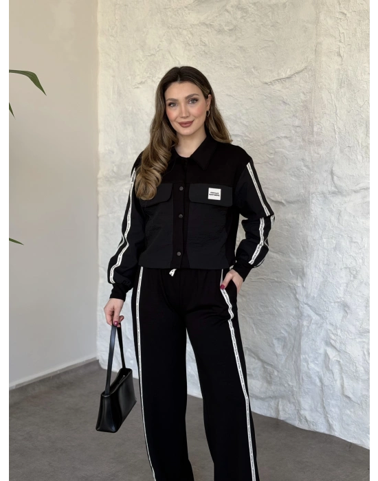 Şerit paraşüt detaylı vintage takım siyah