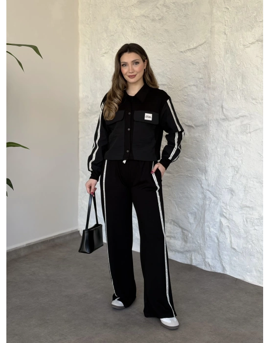 Şerit paraşüt detaylı vintage takım siyah