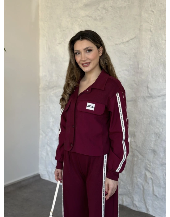 Şerit paraşüt detaylı vintage takım bordo