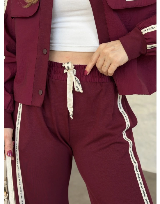 Şerit paraşüt detaylı vintage takım bordo