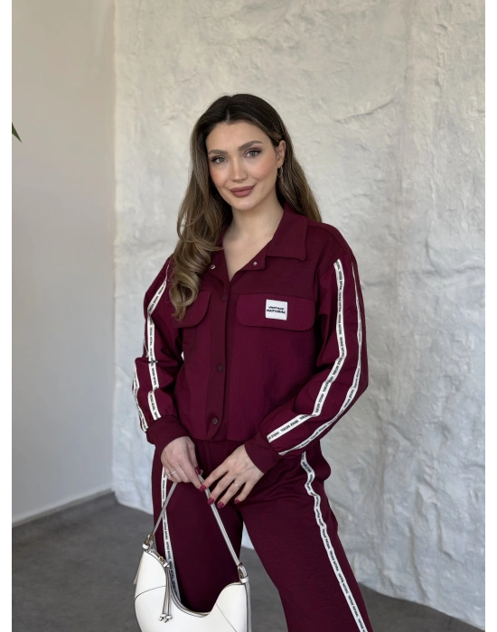 Şerit paraşüt detaylı vintage takım bordo