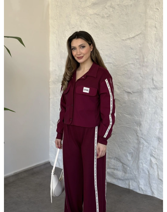 Şerit paraşüt detaylı vintage takım bordo