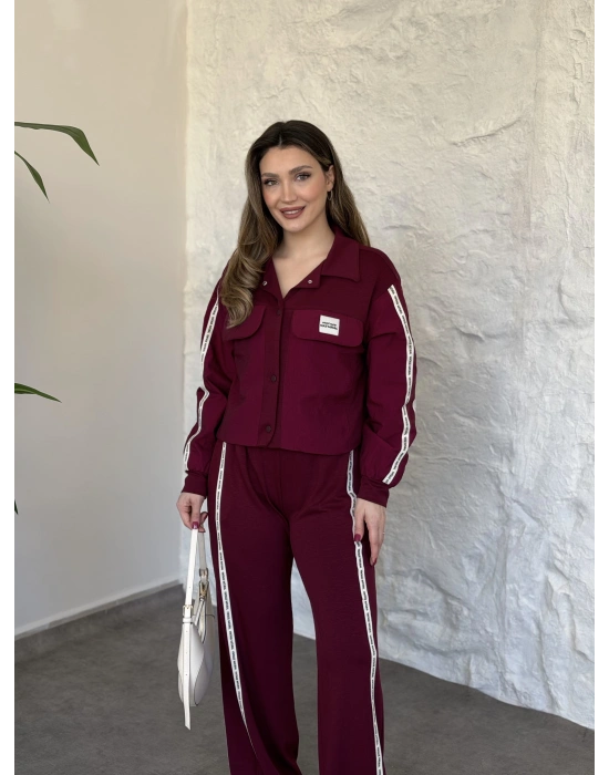 Şerit paraşüt detaylı vintage takım bordo