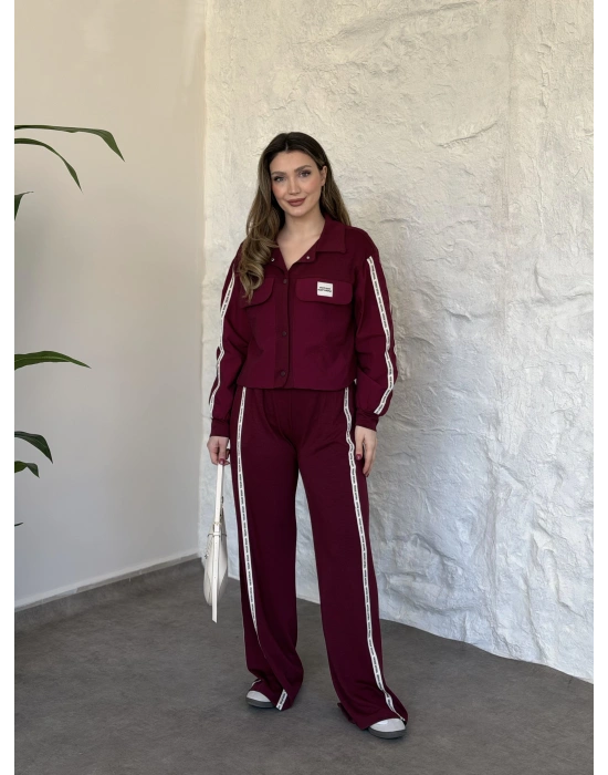 Şerit paraşüt detaylı vintage takım bordo