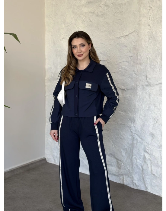 Şerit paraşüt detaylı vintage takım lacivert