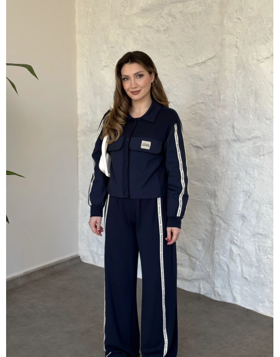 Şerit paraşüt detaylı vintage takım lacivert