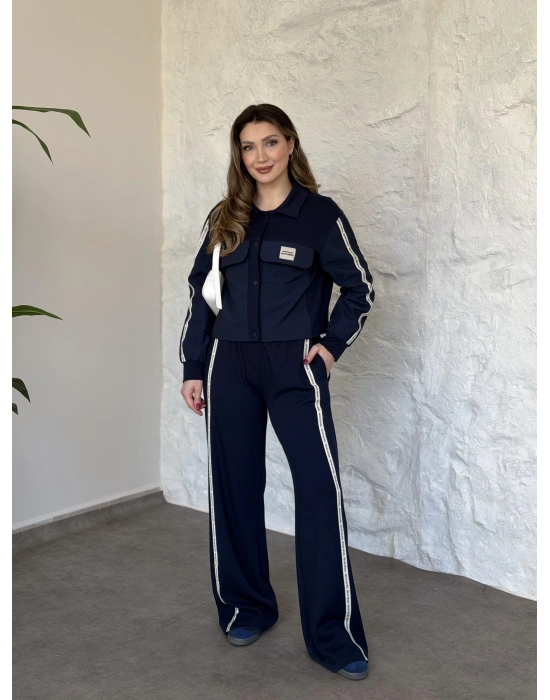 Şerit paraşüt detaylı vintage takım lacivert