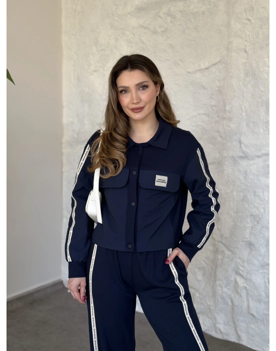 Şerit paraşüt detaylı vintage takım lacivert