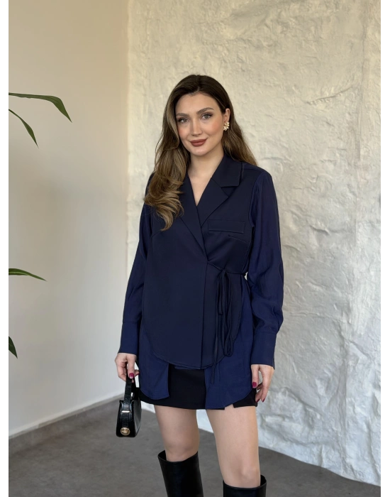 Kolları ve arkası tül yandan bağlamalı gömlek ceket lacivert