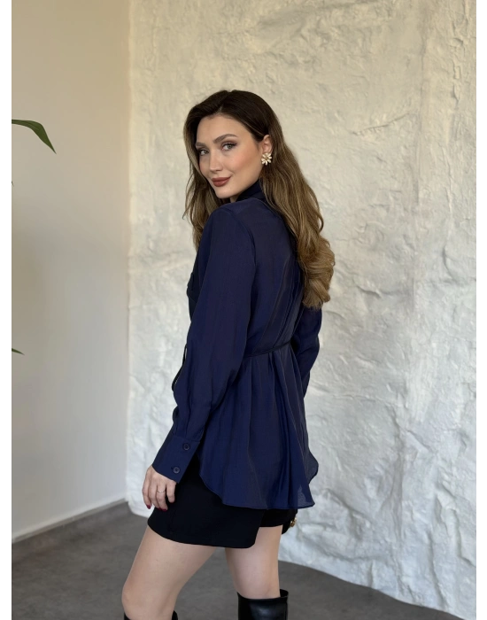 Kolları ve arkası tül yandan bağlamalı gömlek ceket lacivert