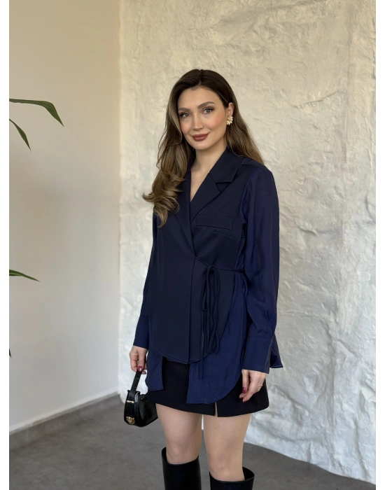 Kolları ve arkası tül yandan bağlamalı gömlek ceket lacivert