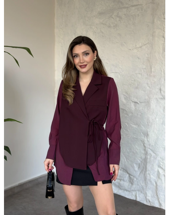 Kolları ve arkası tül yandan bağlamalı gömlek ceket bordo