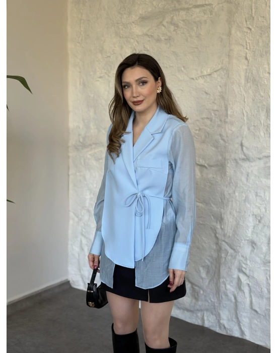 Kolları ve arkası tül yandan bağlamalı gömlek ceket mavi