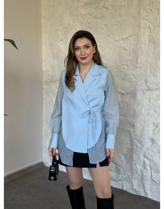 Kolları ve arkası tül yandan bağlamalı gömlek ceket mavi