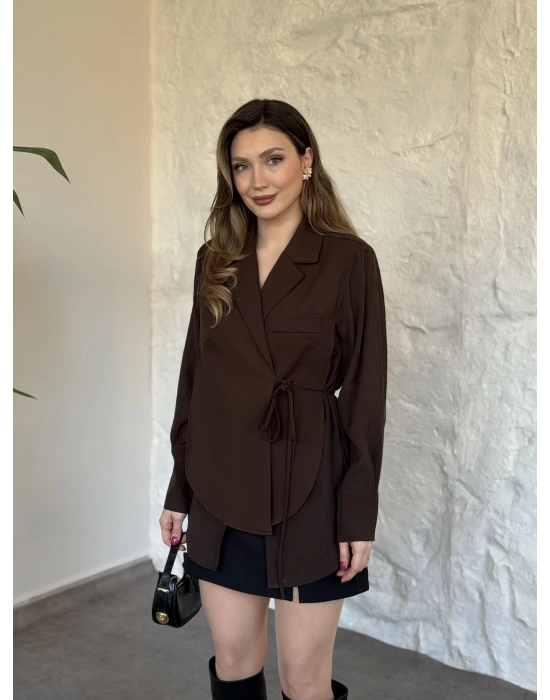 Kolları ve arkası tül yandan bağlamalı gömlek ceket kahve