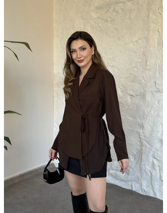 Kolları ve arkası tül yandan bağlamalı gömlek ceket kahve