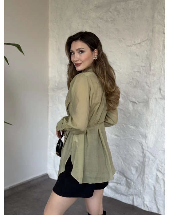 Kolları ve arkası tül yandan bağlamalı gömlek ceket yeşil