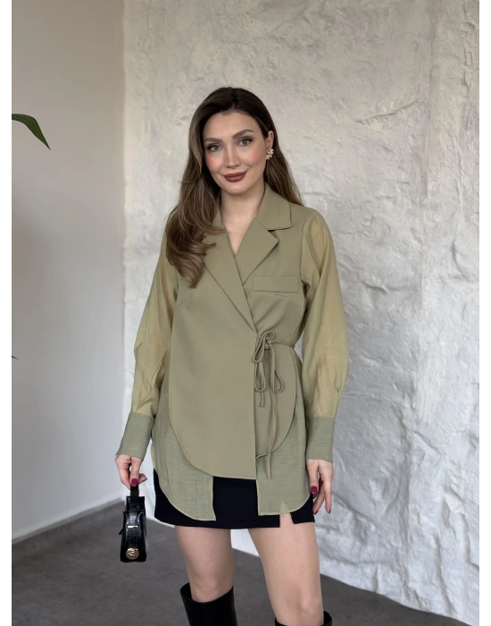 Kolları ve arkası tül yandan bağlamalı gömlek ceket yeşil