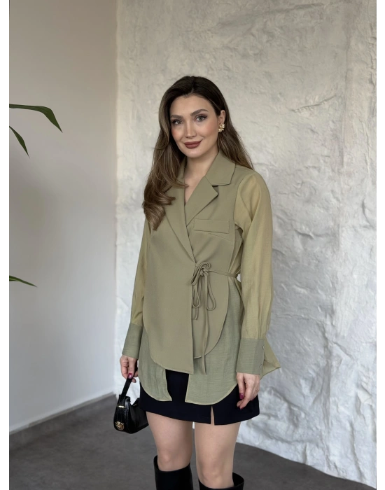 Kolları ve arkası tül yandan bağlamalı gömlek ceket yeşil