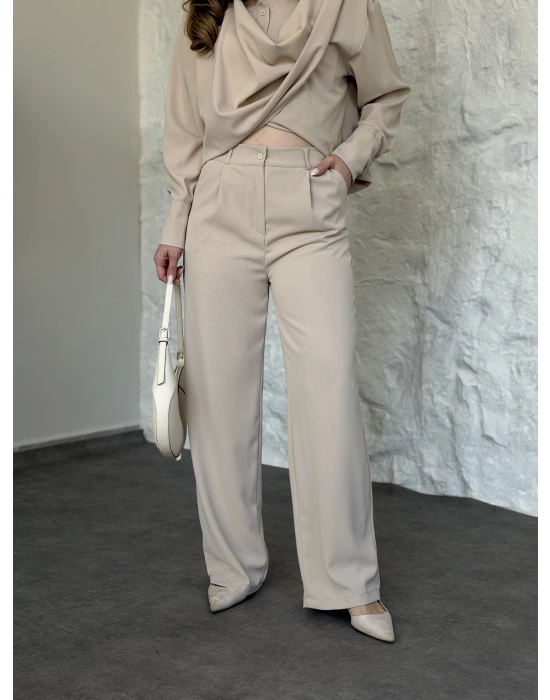 Şal detaylı ikili takım krem