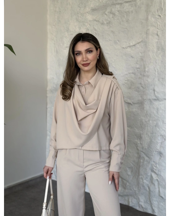 Şal detaylı ikili takım krem