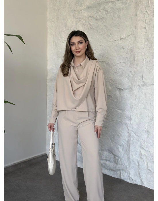 Şal detaylı ikili takım krem