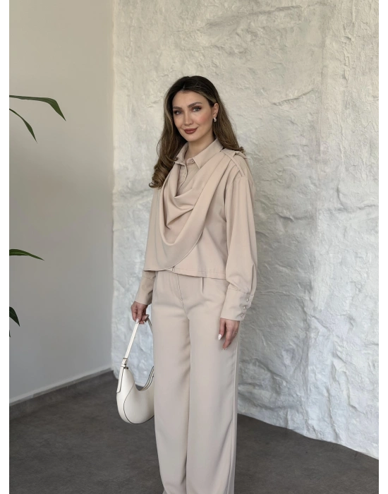 Şal detaylı ikili takım krem