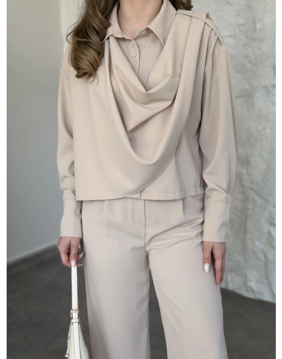 Şal detaylı ikili takım krem