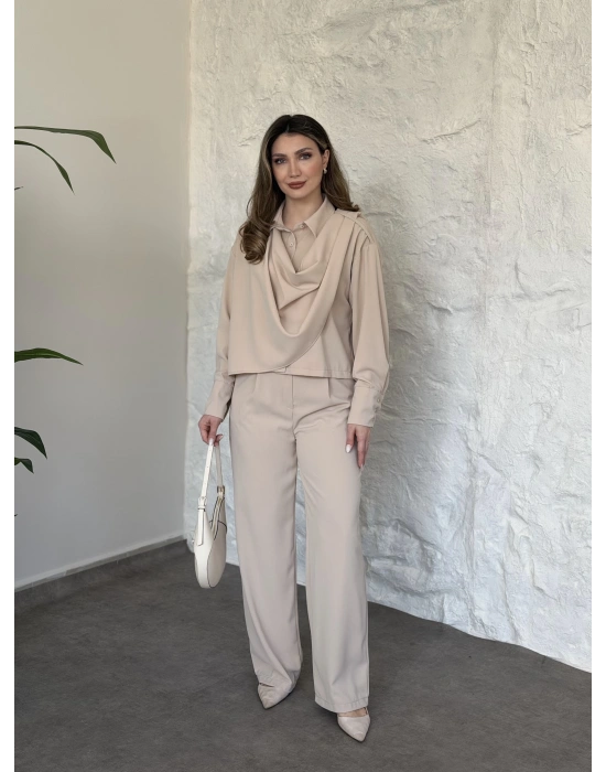 Şal detaylı ikili takım krem