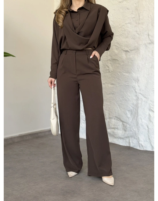 Şal detaylı ikili takım kahve