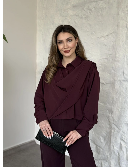 Şal detaylı ikili takım bordo