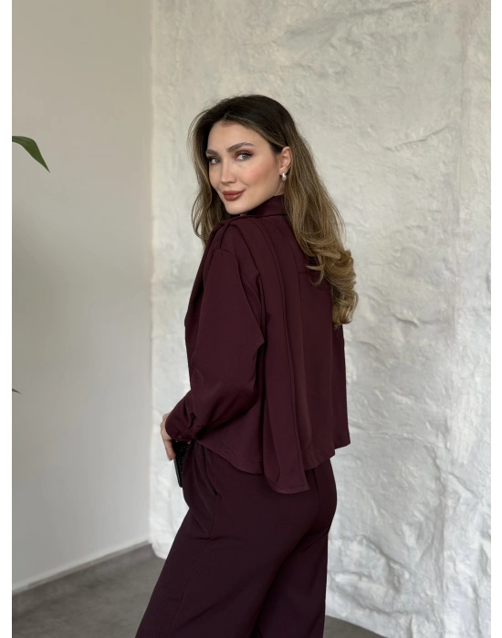 Şal detaylı ikili takım bordo