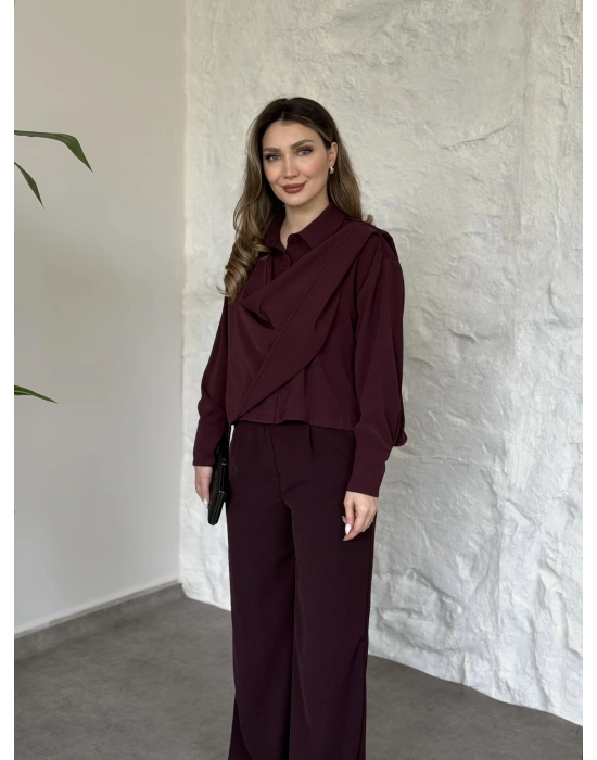 Şal detaylı ikili takım bordo