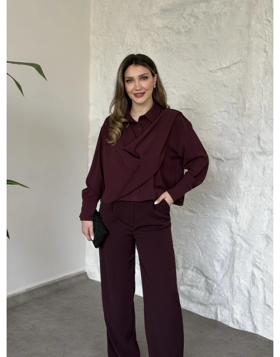 Şal detaylı ikili takım bordo
