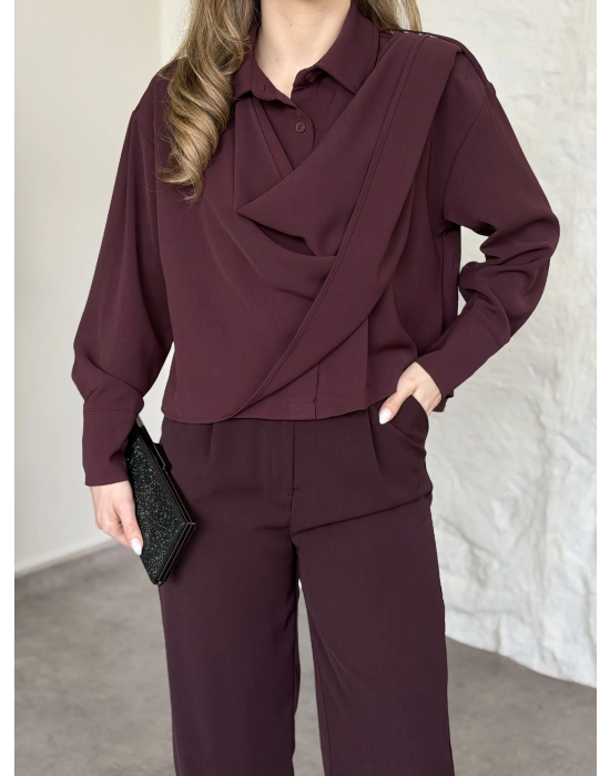 Şal detaylı ikili takım bordo