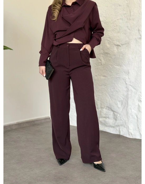 Şal detaylı ikili takım bordo